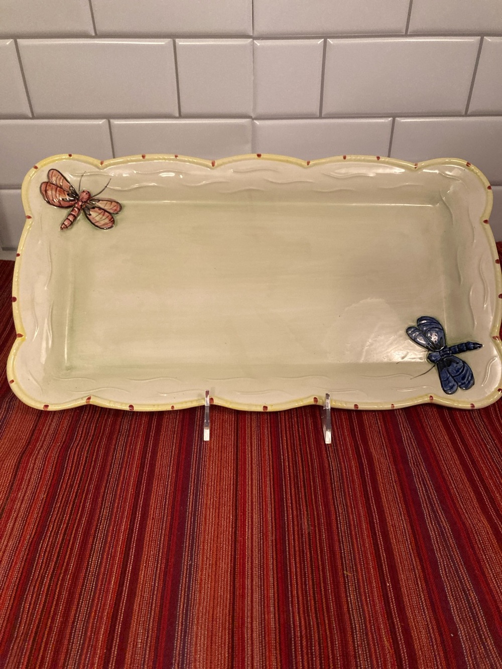 The Essex Coll Hand Painted Ceramic Serving Plate Tray Dragonfly Portugal 16”x9”